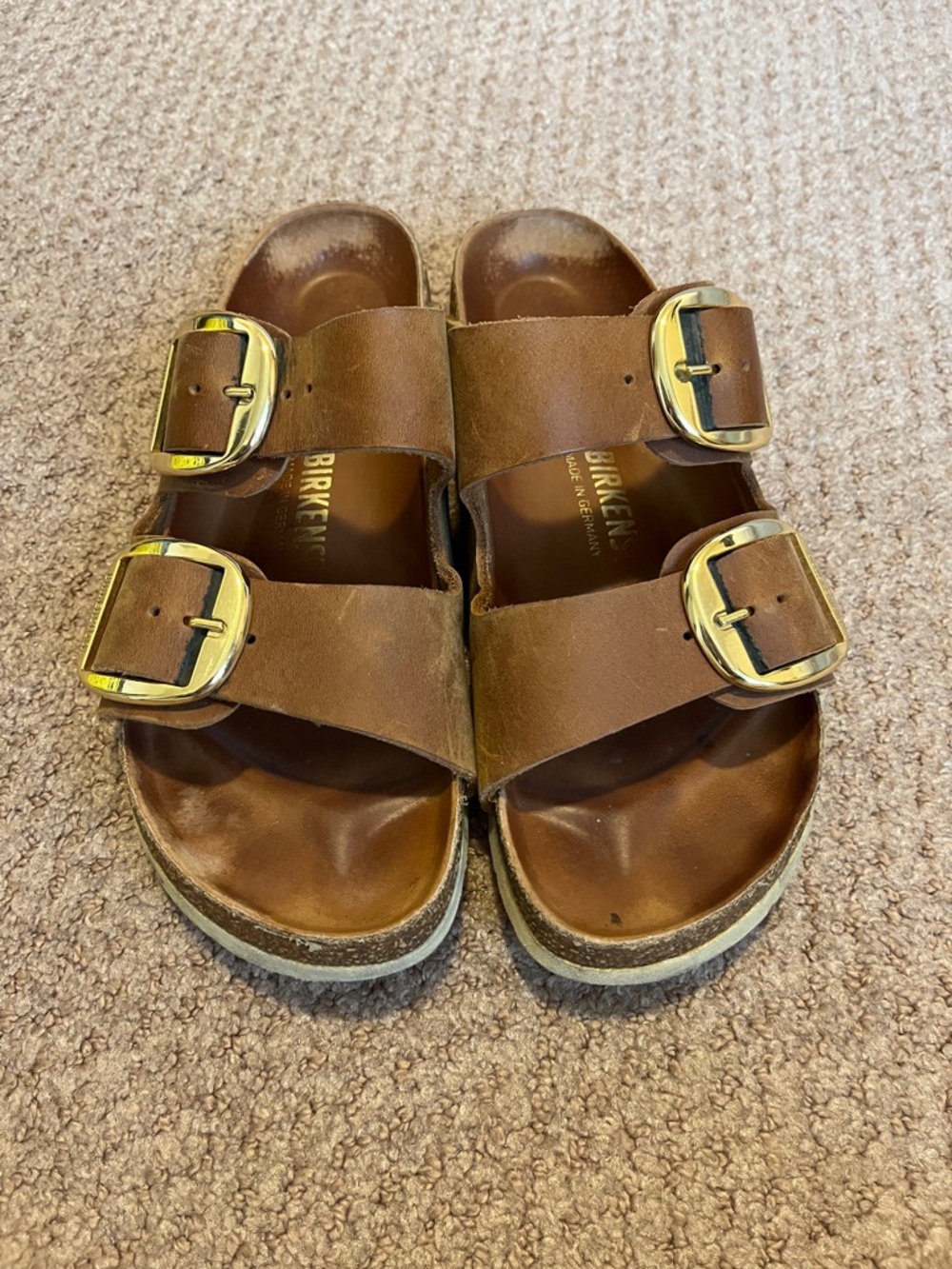 Birkenstock Brown Leather Double Buckle Slide Sandals with Gold Buckles